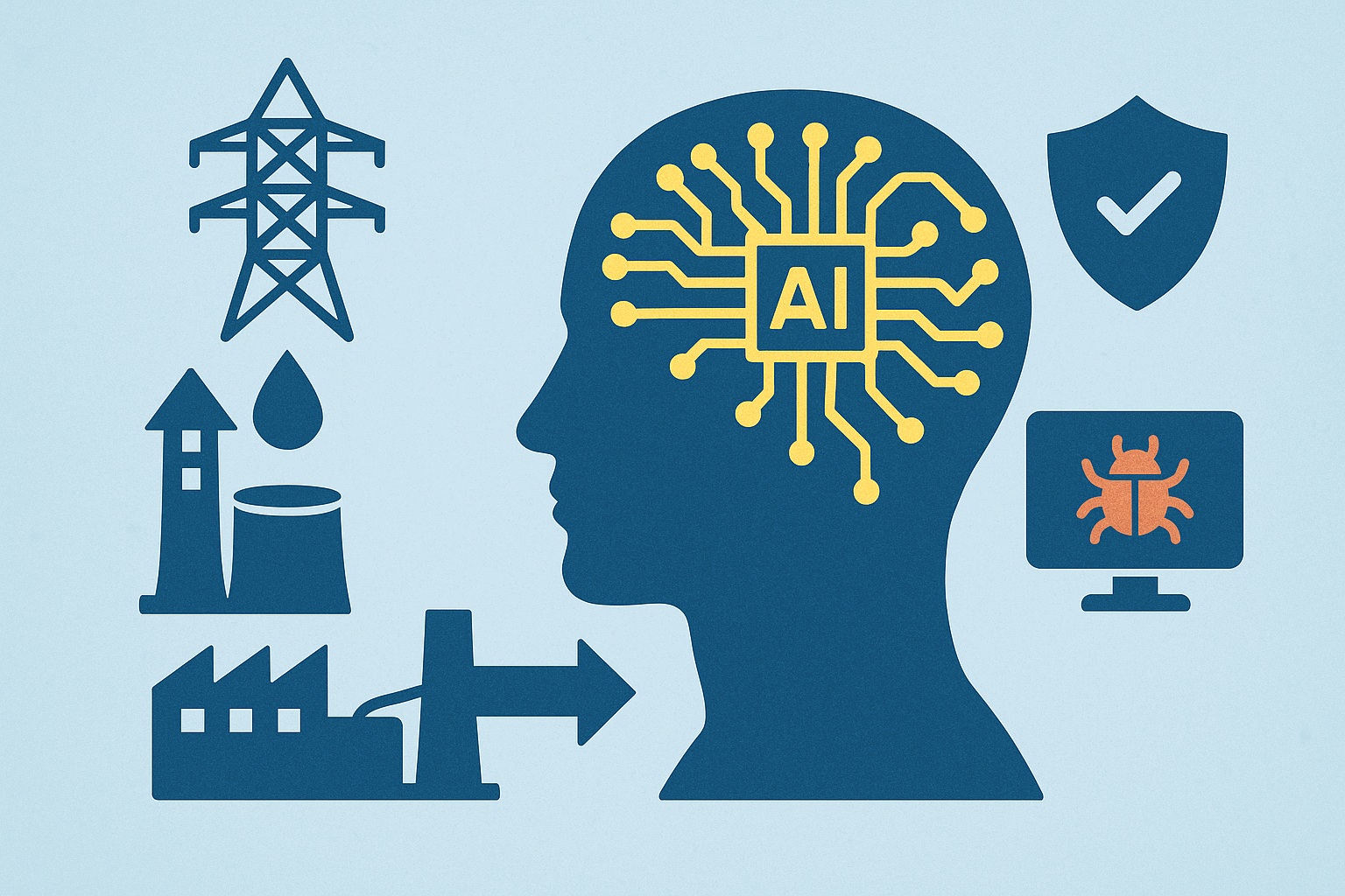Illustration zeigt künstliche Intelligenz als Chance und Risiko für kritische Infrastrukturen, mit Symbolen für Sicherheit und Versorgung