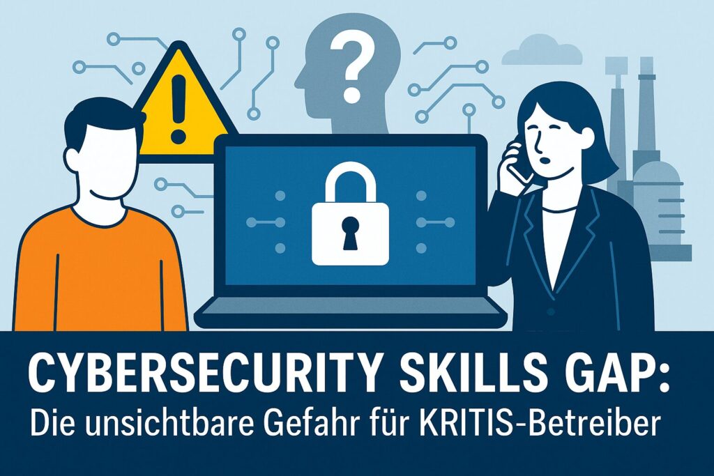 Illustration zeigt den Fachkräftemangel in der Cybersicherheit mit Symbolen für KRITIS, Schutzschild, leere Arbeitsplätze und Bedrohungslage