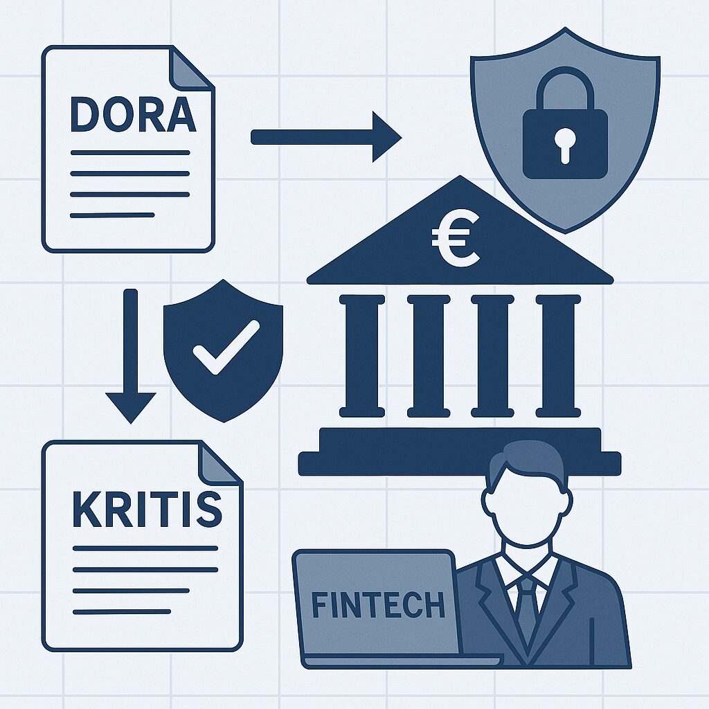 Illustration zeigt FinTech-Regulierung durch DORA und KRITIS-Dachgesetz mit Symbolen für Cybersicherheit, Bankgebäude und Resilienz