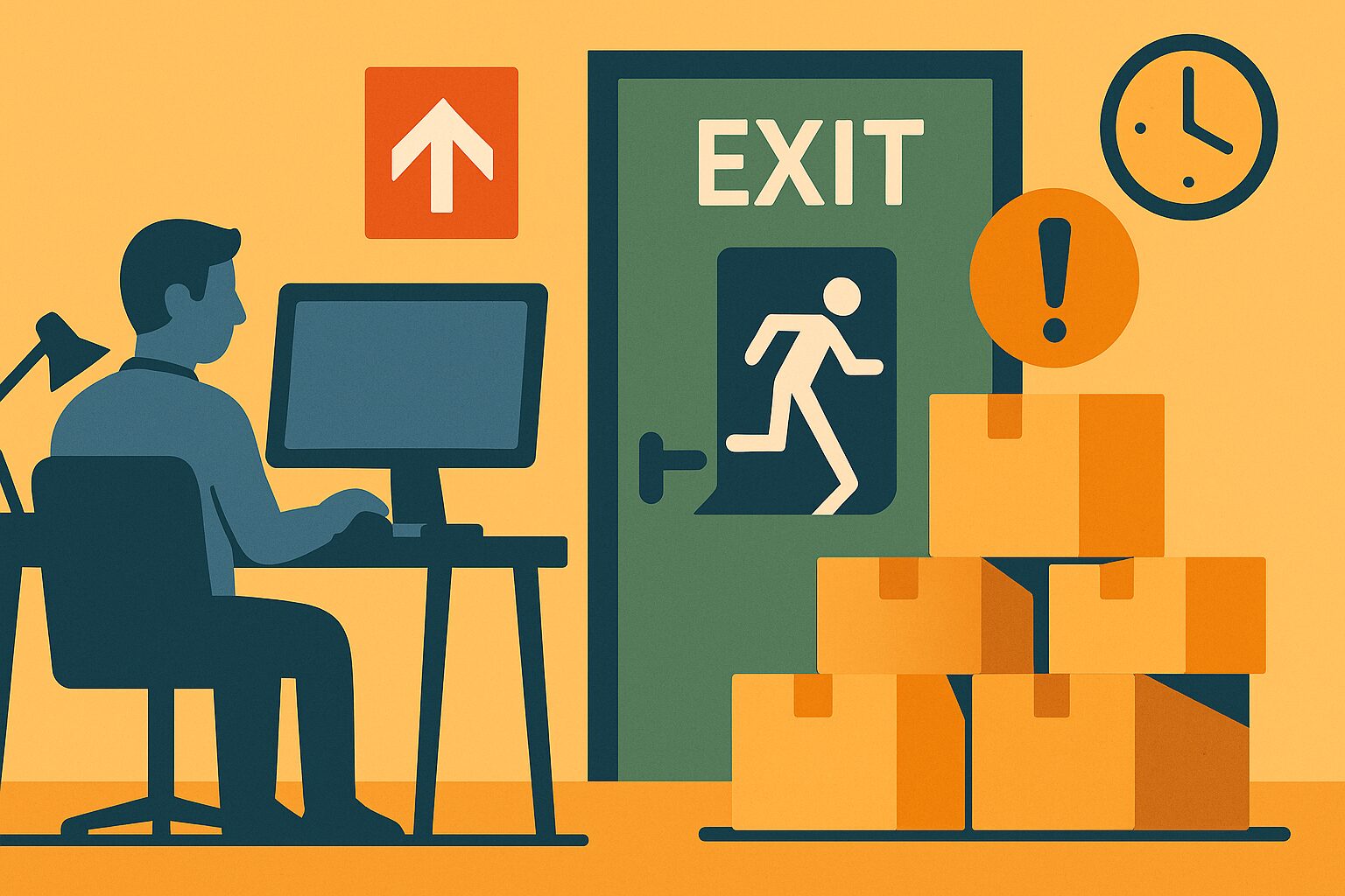 Mitarbeiter am Schreibtisch mit versperrtem Notausgang durch Kartons – Symbolbild für blockierte Fluchtwege im Arbeitsalltag