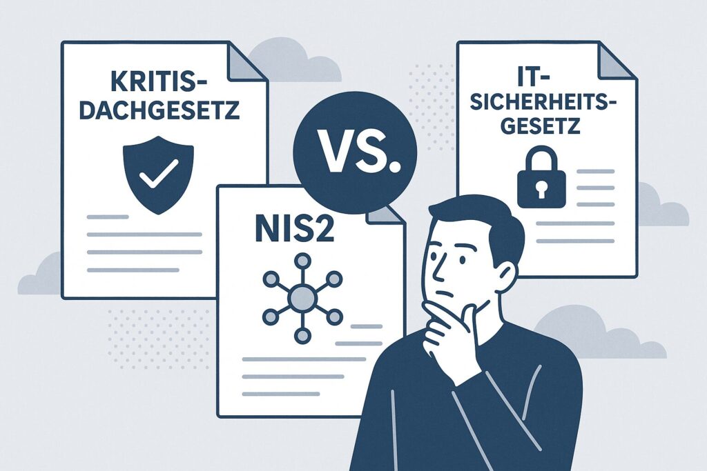 Illustration zeigt Vergleich zwischen KRITIS-Dachgesetz, NIS2 und IT-Sicherheitsgesetz mit Symbolen für Cybersicherheit, physische Sicherheit und Governance