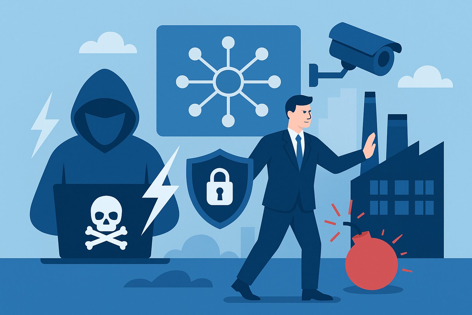 Illustration zeigt einen Angreifer mit Laptop und Hacker-Symbolen sowie physische Sabotage vor einem Industriegebäude, kombiniert mit Schutzschild und Überwachungskamera