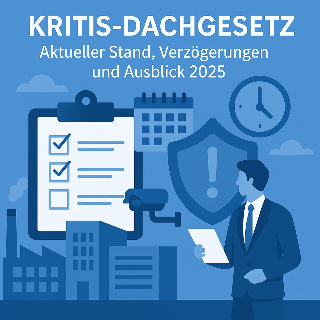 Illustration in Blautönen mit einem Mann im Anzug, Checkliste, Kalender, Uhr, Fabrikgebäuden, Kamera und Schutzschild-Symbol zum Thema KRITIS-Dachgesetz 2025.